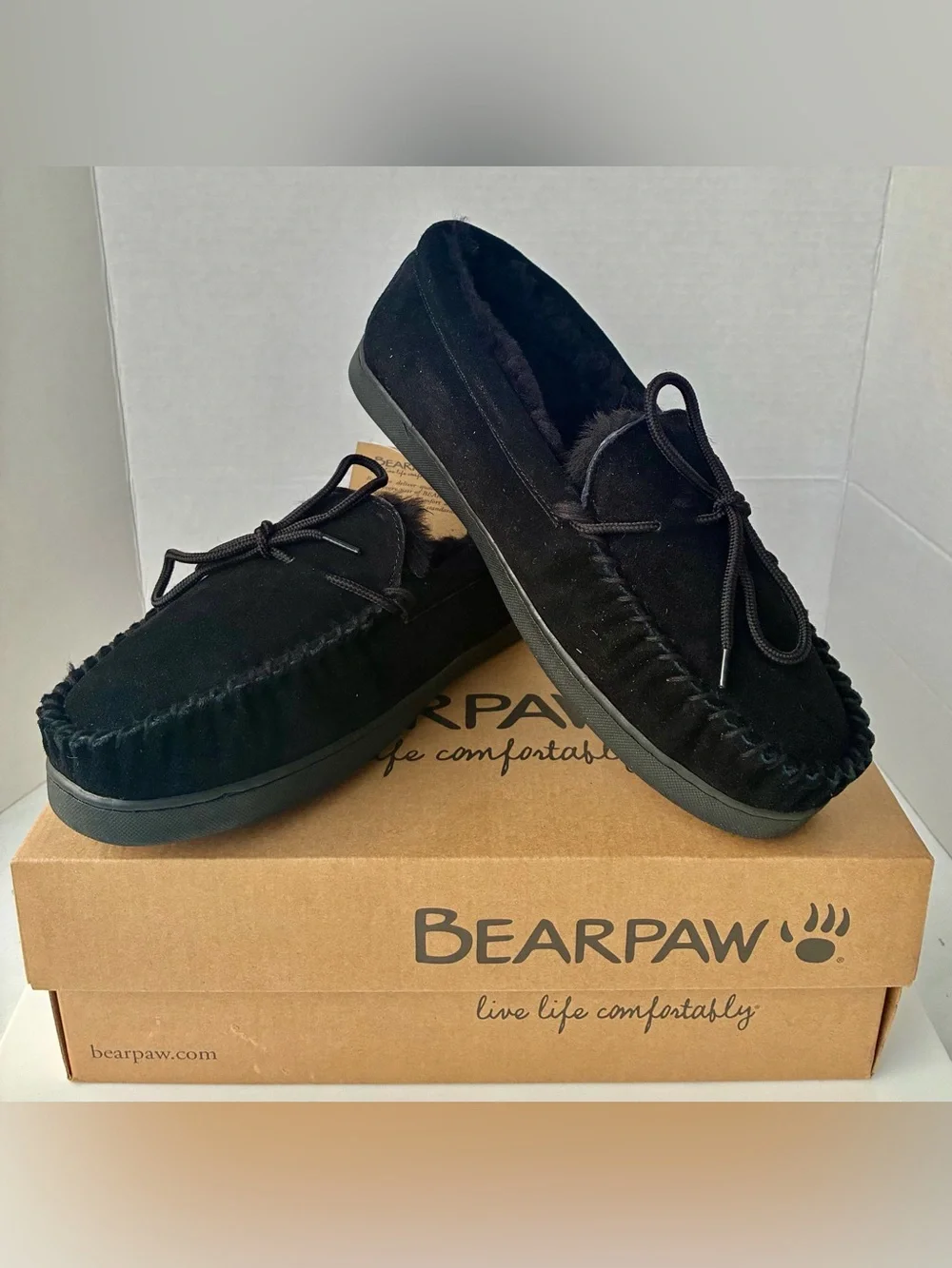 BEARPAW MOC II SUEDE SLIPPERS - Men's Size 12 - BLACK - NEW (NIB) - 1295M MOCII